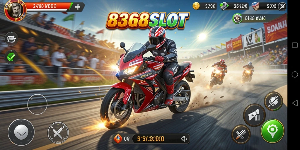 Gameplay seru 8368SLOT saat balapan motor di trek yang menantang.