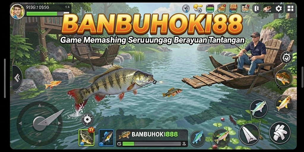 Tampilan gameplay seru dalam BANBUHOKI88 saat menangkap ikan besar.