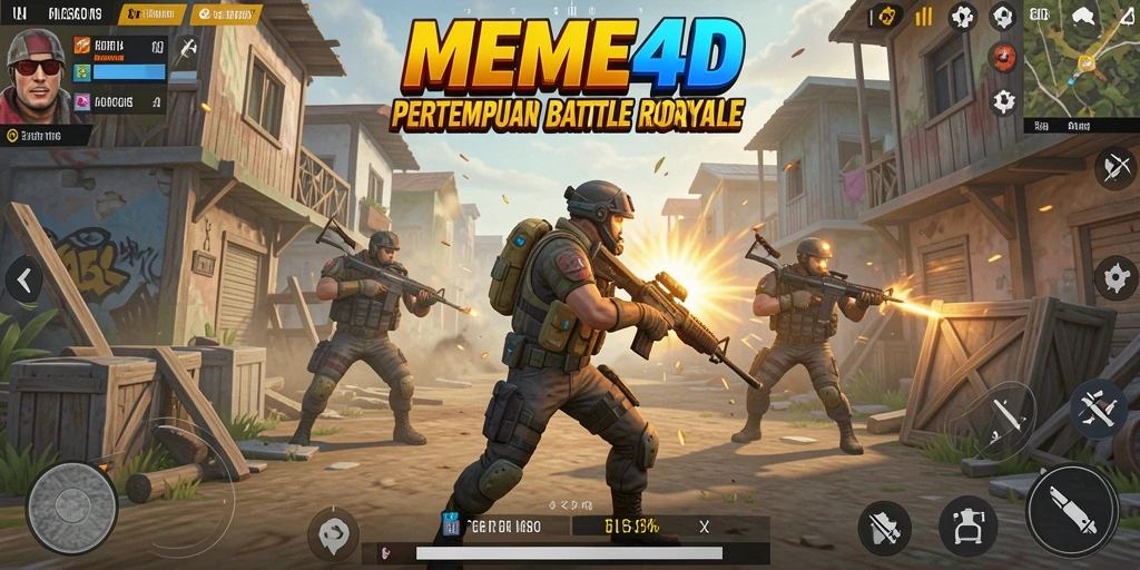 Tangkapan layar utama memperlihatkan aksi seru dalam permainan Battle Royale.