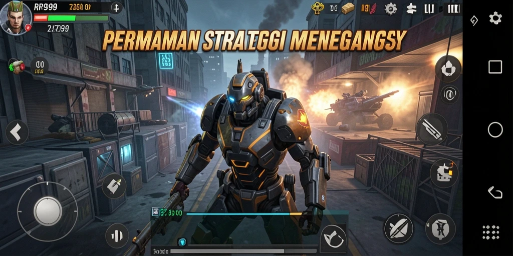 Screenshot gameplay RR999 menampilkan aksi pertempuran strategi yang intens.