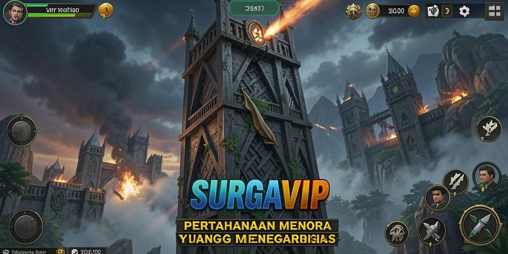 Tangkapan layar dari SURGAVIP menampilkan aksi menegangkan dalam pertahanan menara.
