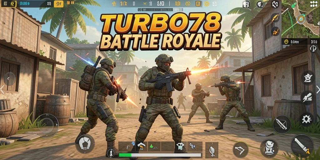 Tangkapan layar TURBO78 menampilkan aksi pertempuran intens di medan Battle Royale.